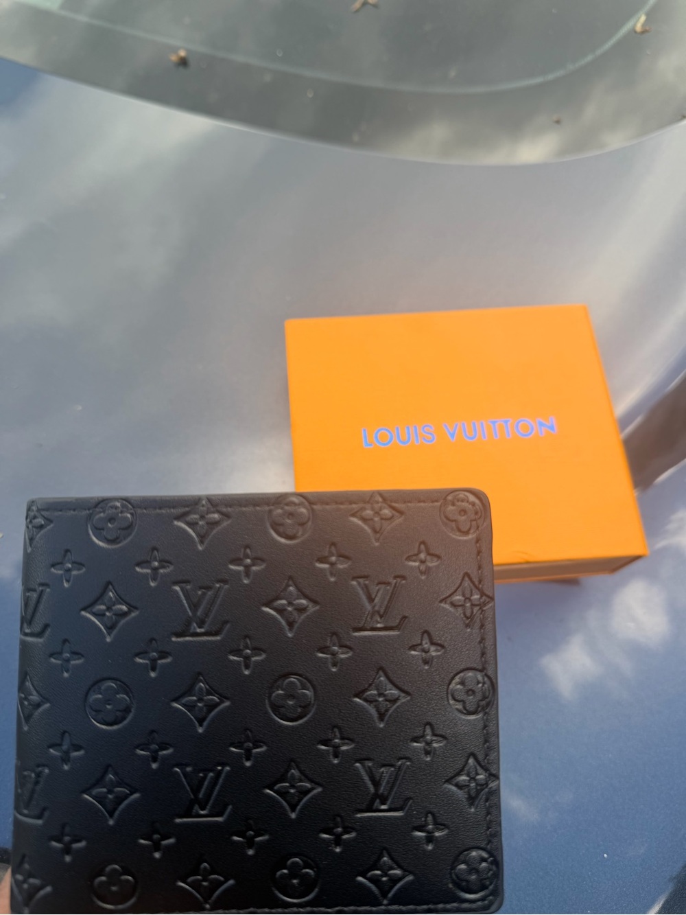 Louis Vuitton Black Leather Bifold Wallet with Orange Box